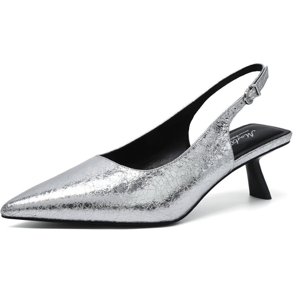 Women's Silver 1 Pointed Toe Pumps Patent Leather Slingback Heels With Buckle